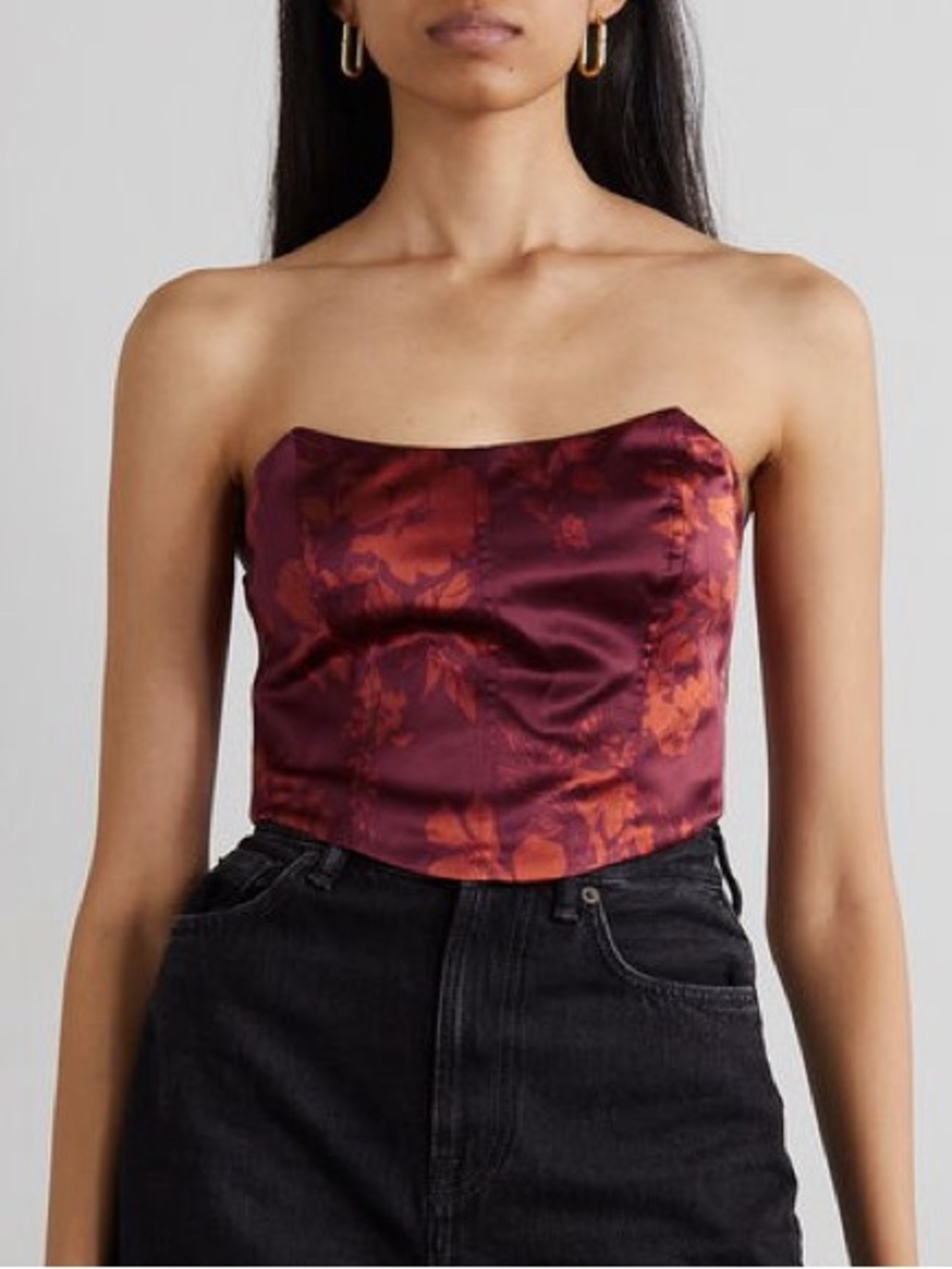 Reformation Maia Strapless Cropped Floral-Print Silk Bustier Top
